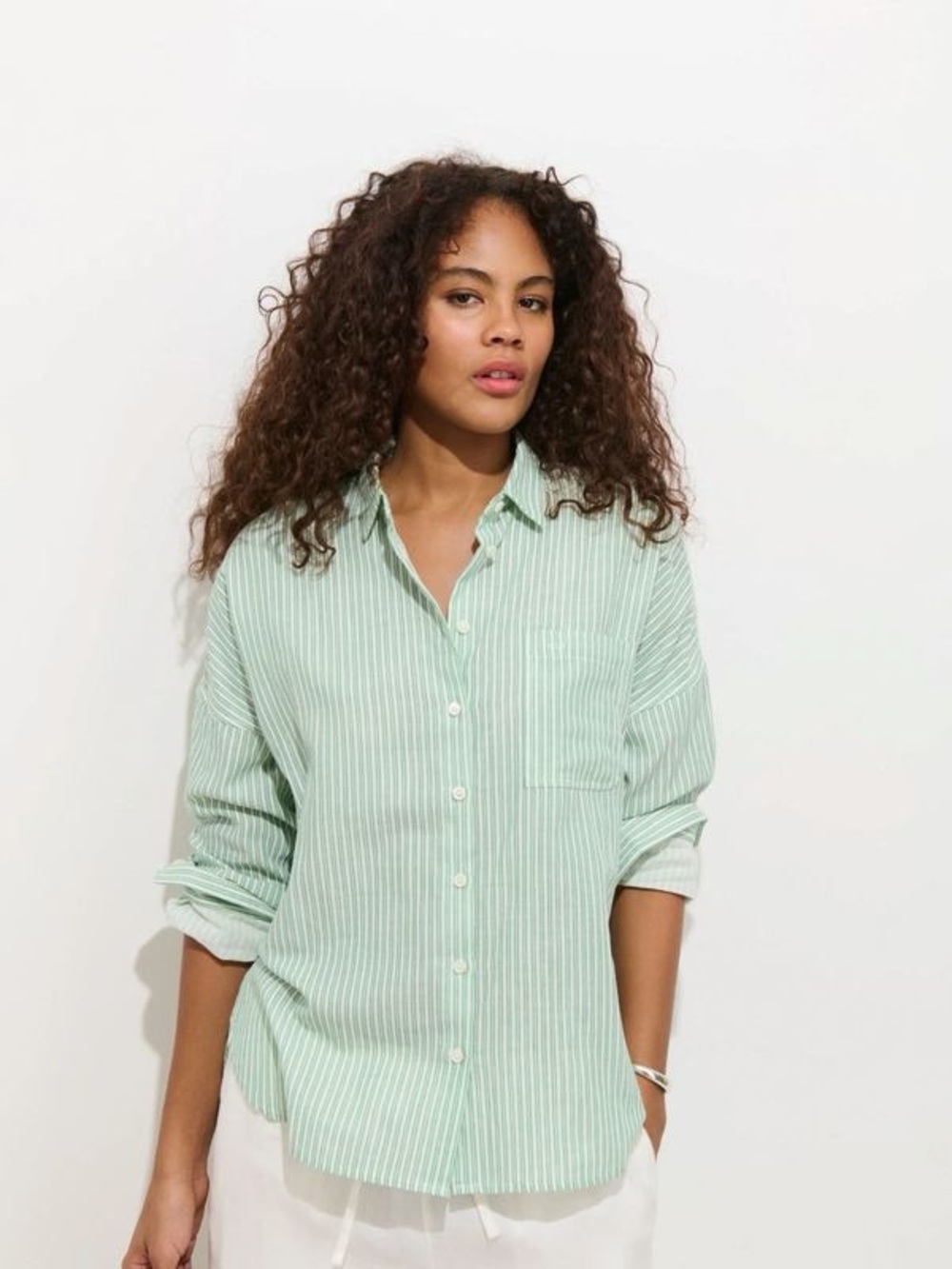 Alex Mill Jo shirt Jo shirt in double gauze stripe ivory green soft